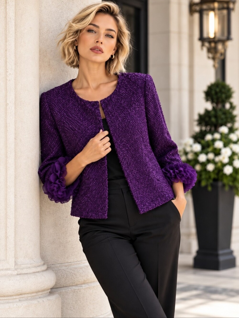 Joan Rivers Vintage Purple Ruffle Sleeve Wool Blend Statement Jacket
